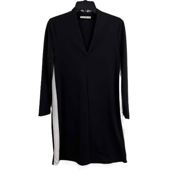 MNG Shift Dress Black with White Stripe Long Sleeves V Neck Womens XS - Picture 1 of 6